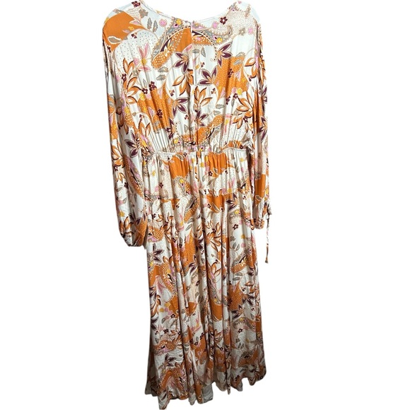 Böhme Cream Orange Floral Paisley Maxi Boho Dress Size Medium Balloon Sleeve - Picture 9 of 11